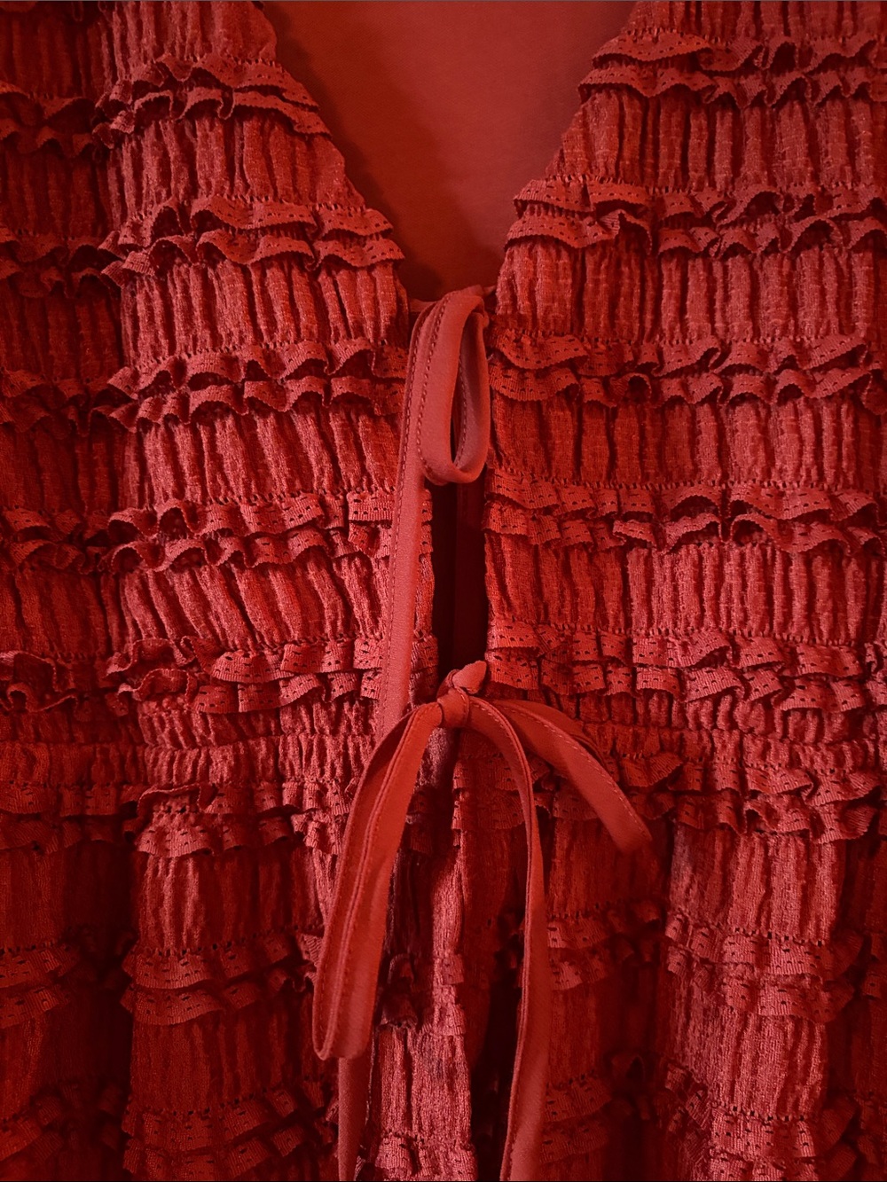 Altar'd State Deep Rust Ruffle Tie-Front Cardigan - Picture 3 of 4